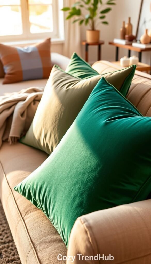 Luxurious velvet pillow covers in rich, deep colors like emerald green and royal blue, arranged artfully on a soft, neutral-toned couch. The foreground features the plush pillows with elegant texture details visible, while the middle ground shows the inviting living room setup with a cozy throw blanket draped casually over the arm of the sofa. In the background, a softly lit window allows warm, golden afternoon sunlight to filter in, highlighting a delicate indoor plant and a stylish coffee table with decorative items. The overall mood is inviting and tranquil, embodying a sense of warmth and comfort. This scene is branded with "CozyTrendHub" subtly integrated into the decor.
