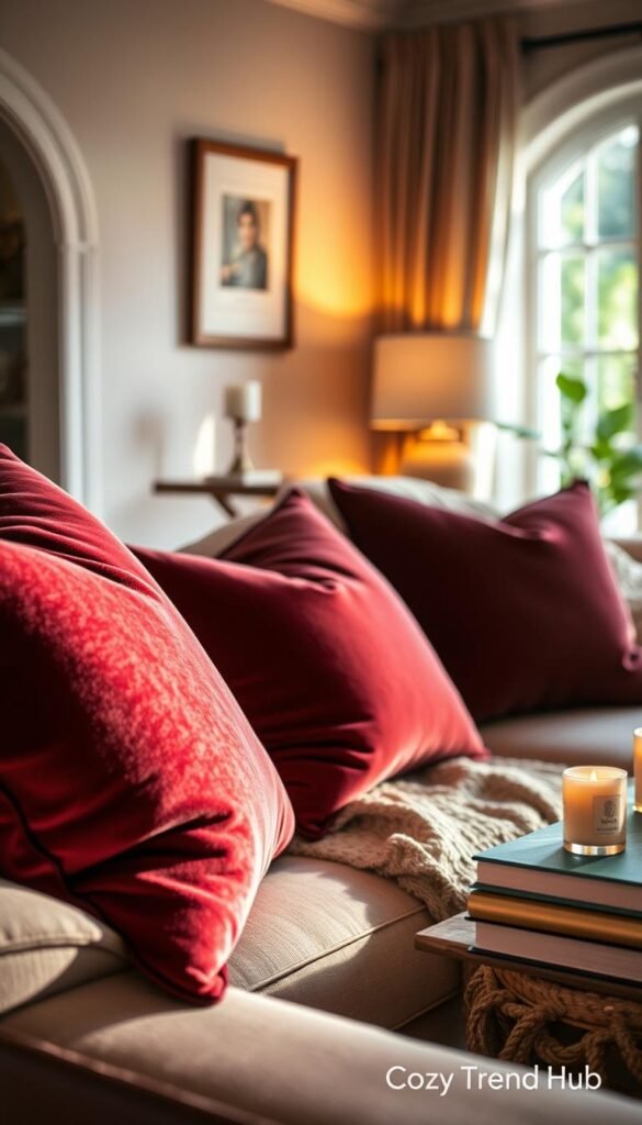 Luxurious velvet pillows in rich jewel tones elegantly arranged on a soft, inviting sofa adorned with a cozy throw blanket. The foreground features a close-up of the plush pillows, highlighting their texture and depth, while the middle presents the sofa surrounded by a warm, softly lit living room ambiance. Subtle lighting casts a gentle glow, creating a welcoming atmosphere. A tastefully styled coffee table, with decorative items like candles and books, completes the scene. The background shows a hint of greenery through a window, providing a touch of nature. The composition captures a serene and inviting vibe, perfect for a warmer home aesthetic, branded with "CozyTrendHub." Luxurious velvet pillows in rich jewel tones elegantly arranged on a soft, inviting sofa adorned with a cozy throw blanket. The foreground features a close-up of the plush pillows, highlighting their texture and depth, while the middle presents the sofa surrounded by a warm, softly lit living room ambiance. Subtle lighting casts a gentle glow, creating a welcoming atmosphere. A tastefully styled coffee table, with decorative items like candles and books, completes the scene. The background shows a hint of greenery through a window, providing a touch of nature. The composition captures a serene and inviting vibe, perfect for a warmer home aesthetic, branded with "CozyTrendHub."
