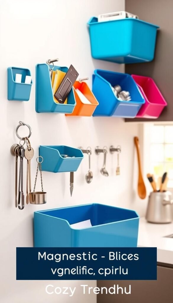 Magnetic bins wall hooks arranged stylishly on a minimalist kitchen wall, showcasing various colorful bins for organizing small items like keys, mail, and kitchen utensils. The foreground features a prominent close-up of a sleek, well-designed magnetic bin with a vibrant blue finish. In the middle ground, several wall hooks with an elegant, modern design hold additional bins and small tools, creating a functional yet aesthetic storage solution. The background reveals a softly lit kitchen environment, with warm, natural light streaming in from a window, enhancing the inviting atmosphere. The overall mood is fresh and organized, capturing a trendy yet practical approach to small-space living. Styled in a Pinterest-worthy manner, emphasizing modern home decor. Designed for CozyTrendHub branding. Magnetic bins wall hooks arranged stylishly on a minimalist kitchen wall, showcasing various colorful bins for organizing small items like keys, mail, and kitchen utensils. The foreground features a prominent close-up of a sleek, well-designed magnetic bin with a vibrant blue finish. In the middle ground, several wall hooks with an elegant, modern design hold additional bins and small tools, creating a functional yet aesthetic storage solution. The background reveals a softly lit kitchen environment, with warm, natural light streaming in from a window, enhancing the inviting atmosphere. The overall mood is fresh and organized, capturing a trendy yet practical approach to small-space living. Styled in a Pinterest-worthy manner, emphasizing modern home decor. Designed for CozyTrendHub branding.