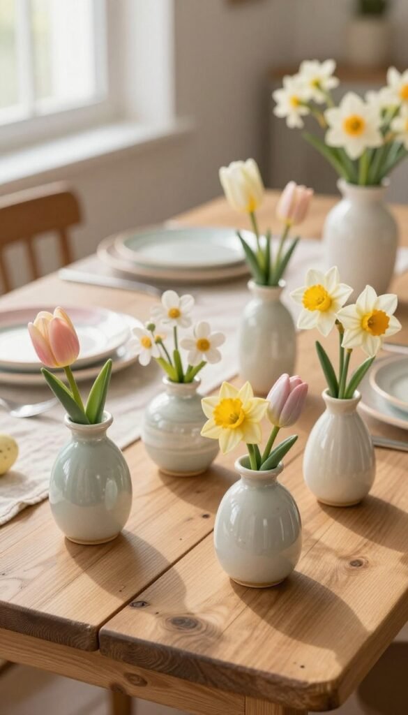 Miniature ceramic bud vases arranged artfully on a rustic wooden table, showcasing a variety of delicate spring flowers like tulips and daffodils in soft pastel colors. The foreground features two uniquely shaped vases with intricate glazes, while the middle ground has small, whimsical floral arrangements that complement the vases. In the background, a subtly blurred Easter-themed table setting includes pastel-colored plates and a light, airy tablecloth, creating a cozy and inviting atmosphere. Warm, natural lighting streams in from a nearby window, highlighting the textures of the wood and ceramics, and giving a soft glow to the flowers. This Pinterest-style lifestyle photo embodies charming small-space decorating ideas for Easter hosting, perfectly embodying the "CozyTrendHub" aesthetic. Miniature ceramic bud vases arranged artfully on a rustic wooden table, showcasing a variety of delicate spring flowers like tulips and daffodils in soft pastel colors. The foreground features two uniquely shaped vases with intricate glazes, while the middle ground has small, whimsical floral arrangements that complement the vases. In the background, a subtly blurred Easter-themed table setting includes pastel-colored plates and a light, airy tablecloth, creating a cozy and inviting atmosphere. Warm, natural lighting streams in from a nearby window, highlighting the textures of the wood and ceramics, and giving a soft glow to the flowers. This Pinterest-style lifestyle photo embodies charming small-space decorating ideas for Easter hosting, perfectly embodying the "CozyTrendHub" aesthetic.
