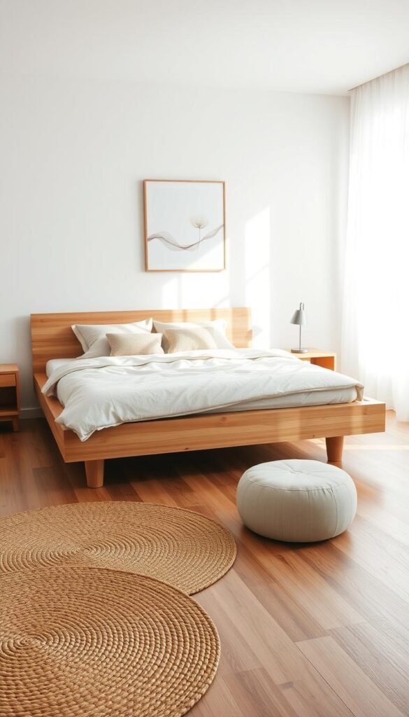 Minimalist bedroom featuring a queen-sized platform bed with a wooden frame, adorned with soft, neutral-toned bedding and a few decorative throw pillows. In the foreground, a woven jute rug complements the wooden floor. To the right, there's a minimalist nightstand with a sleek, modern lamp and a small potted succulent. The middle ground showcases a large window allowing natural light to flood the space, revealing sheer white curtains that gently sway. The walls are painted in soft pastel tones, enhancing the serene atmosphere. In the background, a delicate piece of abstract art hangs above the bed, tied in with muted colors. The mood is calm and inviting, emphasizing simplicity and tranquility. Shot with a 35mm lens for a warm, intimate feel. Designed for CozyTrendHub. Minimalist bedroom featuring a queen-sized platform bed with a wooden frame, adorned with soft, neutral-toned bedding and a few decorative throw pillows. In the foreground, a woven jute rug complements the wooden floor. To the right, there's a minimalist nightstand with a sleek, modern lamp and a small potted succulent. The middle ground showcases a large window allowing natural light to flood the space, revealing sheer white curtains that gently sway. The walls are painted in soft pastel tones, enhancing the serene atmosphere. In the background, a delicate piece of abstract art hangs above the bed, tied in with muted colors. The mood is calm and inviting, emphasizing simplicity and tranquility. Shot with a 35mm lens for a warm, intimate feel. Designed for CozyTrendHub.