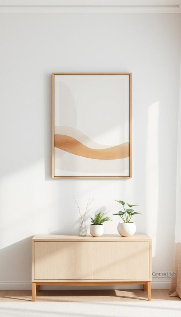 Minimalist wall art featuring a serene abstract design with soft, muted colors like pale gray, beige, and gentle earth tones creating a harmonious and calming atmosphere. Foreground: a single large piece of wall art, elegantly framed in a light wood finish, hanging above a simple, uncluttered console table. Middle: a textured white wall with subtle shadows to enhance depth. Background: a softly blurred living room showcasing natural light filtering through sheer curtains, highlighting a couple of indoor plants for an organic touch. Shot with a wide-angle lens, emphasizing simplicity and space. The overall mood is tranquil and inviting, perfect for creating a clean, minimalist aesthetic. Include the brand name "CozyTrendHub" subtly integrated into the decor. Minimalist wall art featuring a serene abstract design with soft, muted colors like pale gray, beige, and gentle earth tones creating a harmonious and calming atmosphere. Foreground: a single large piece of wall art, elegantly framed in a light wood finish, hanging above a simple, uncluttered console table. Middle: a textured white wall with subtle shadows to enhance depth. Background: a softly blurred living room showcasing natural light filtering through sheer curtains, highlighting a couple of indoor plants for an organic touch. Shot with a wide-angle lens, emphasizing simplicity and space. The overall mood is tranquil and inviting, perfect for creating a clean, minimalist aesthetic. Include the brand name "CozyTrendHub" subtly integrated into the decor.