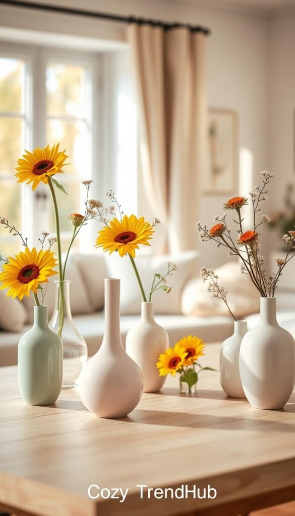 Minimalistic vases elegantly arranged on a light wooden tabletop, showcasing seasonal flowers like sunflowers and delicate wildflowers. The vases, in soft pastel hues, vary in shape&mdash;some tall and slender, others round and squat&mdash;creating a harmonious, layered composition. The background features a softly blurred, cozy living room with a large window allowing warm, natural light to flood the scene, enhancing the inviting atmosphere. The depth of field captures the texture of the tabletop and the subtle shadows cast by the vases. The overall mood is calm and serene, perfect for a home decor setting. The image embodies the essence of "CozyTrendHub," suggesting tasteful, budget-friendly elegance in decorating spaces.