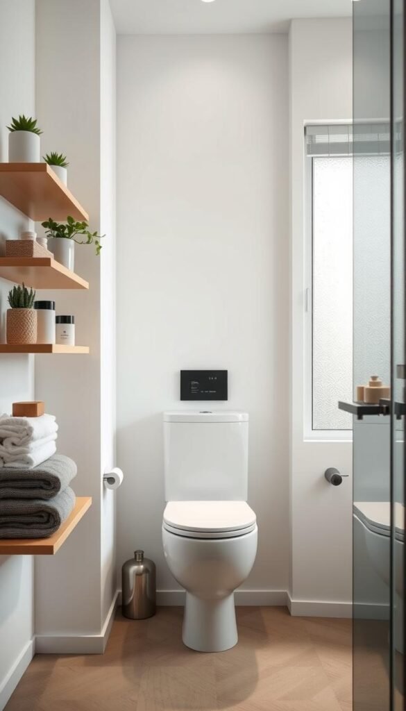 Modern bathroom interior featuring wall-mounted shelves that maximize vertical storage without occupying floor space. The foreground showcases neatly organized bathroom essentials like towels, plants, and decorative jars on the shelves. In the middle, a stylish compact toilet is positioned against a light-colored wall, with a minimalistic, well-lit vibe enhancing the professional look. The background includes soft, natural light streaming in from a frosted window, creating an inviting atmosphere. The lens captures the scene at a slight angle, emphasizing the clever use of vertical space. The overall mood is serene and functional, designed for small apartments. Styled in a Pinterest-worthy decor aesthetic, reflecting the brand "CozyTrendHub".