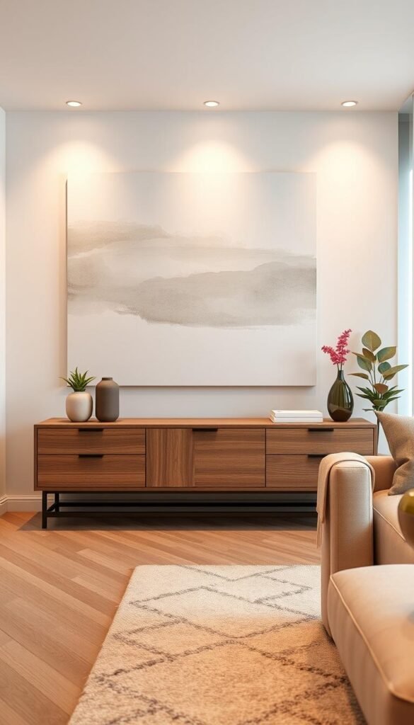 Modern wall art for a neutral-toned apartment featuring a large abstract canvas with inviting patterns of soft beige and muted gray. The foreground showcases a stylish wooden console table adorned with minimalist decor pieces like a small potted plant and an elegant vase. In the middle, the wall art commands attention, highlighting texture with layered brushstrokes and subtle geometric shapes. The background is a cozy living area illuminated by warm, diffused lighting, creating a serene atmosphere. A plush area rug and stylish cushions hint at comfort while maintaining a sleek aesthetic. Captured with a soft-focus lens at a slight angle, the composition embodies a harmonious blend of modern design and inviting simplicity, presented in a lifestyle setting ideal for Pinterest decor inspirations. CozyTrendHub.