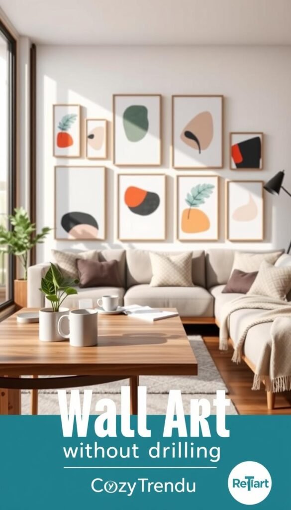 Modern wall art prints featuring abstract designs and vibrant colors, arranged elegantly in a cozy, stylish apartment setting. In the foreground, a sleek wooden table holds a few minimalistic decor items, such as a small potted plant and a coffee mug. The middle ground showcases a gallery wall adorned with a variety of framed prints and canvases, highlighting geometric shapes and bold brush strokes. Soft, natural light filters in through large windows, creating a warm and inviting atmosphere. The background includes a comfortable sofa with textured cushions and a soft throw blanket, enhancing the relaxed vibe. This Pinterest-style lifestyle image encapsulates modern aesthetics and renter-friendly decor ideas, ideal for illustrating the concept of wall art without drilling, emphasizing the brand 'CozyTrendHub'.