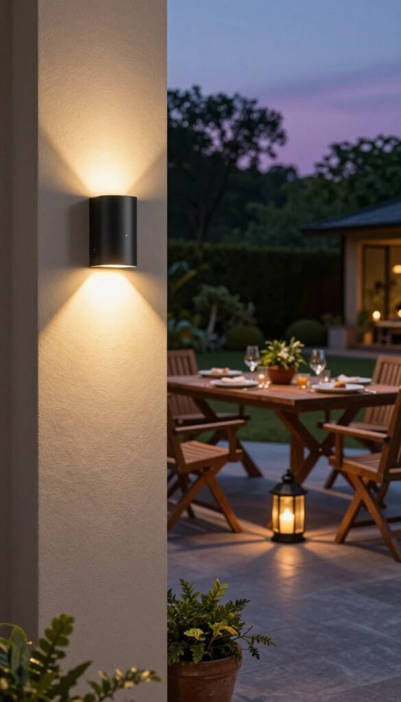 Motion-sensor lights illuminating a cozy outdoor patio during a summer evening, highlighting the modern design and functionality of the lights. In the foreground, the sleek, black motion-sensor lights are mounted on a stylish wall, casting a warm, inviting glow. In the middle ground, a well-furnished patio features a rustic wooden table set for a summer dinner, surrounded by potted plants and decorative lanterns. The background showcases a softly blurred garden, with trees silhouetted against a dusky sky transitioning from blue to purple. The atmosphere is serene and secure, suggesting a sense of safety as dusk falls. Capture this scene with natural lighting and a slightly elevated angle, evoking a lifestyle ambiance perfect for Pinterest. Brand name: CozyTrendHub.