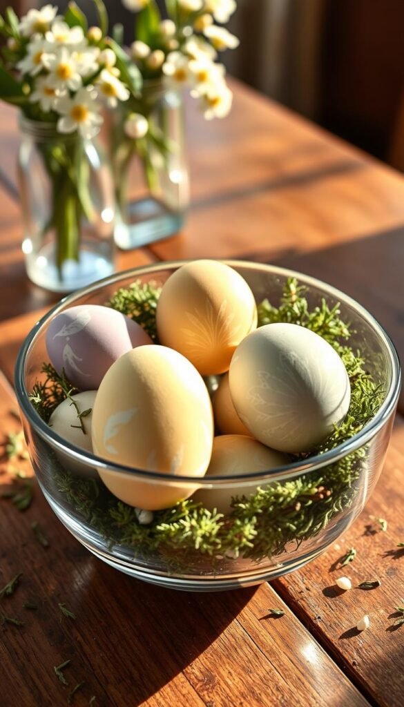 Natural-dyed eggs in soft pastel hues of lavender, sage, and muted yellow, beautifully arranged in a clear glass bowl. The eggs feature delicate botanical patterns inspired by natural dyes, showcasing the textures and variations in color. Surrounding the bowl are scattered sprigs of fresh herbs and soft moss for a rustic touch. In the background, a softly blurred wooden table and a hint of spring flowers in a glass hurricane create a warm and inviting atmosphere. The lighting is warm and natural, with gentle sunlight illuminating the scene, emphasizing the hues and textures of the eggs. The overall mood is serene and cozy, perfect for a stylish Easter display, aligning with the aesthetic of CozyTrendHub.