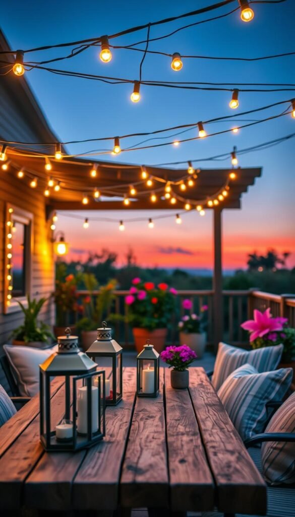 Outdoor patio scene adorned with warm, glowing string lights hanging elegantly overhead, creating a magical ambiance. In the foreground, a rustic wooden table set with cozy, yet stylish outdoor cushions and decorative lanterns. The middle section showcases beautifully arranged potted plants and vibrant flowers, enhancing the inviting atmosphere. In the background, a soft twilight sky gradually deepening into dusk, with hints of twinkling stars emerging. Illuminated by the soft, golden glow of the lights, the scene exudes a warm and welcoming feel, perfect for summer evenings. Capture this enchanting moment with a slightly angled perspective, using a shallow depth of field to emphasize the string lights while softly blurring the background. This lifestyle photo reflects the cozy aesthetic of CozyTrendHub, embodying ideal summer decor. Outdoor patio scene adorned with warm, glowing string lights hanging elegantly overhead, creating a magical ambiance. In the foreground, a rustic wooden table set with cozy, yet stylish outdoor cushions and decorative lanterns. The middle section showcases beautifully arranged potted plants and vibrant flowers, enhancing the inviting atmosphere. In the background, a soft twilight sky gradually deepening into dusk, with hints of twinkling stars emerging. Illuminated by the soft, golden glow of the lights, the scene exudes a warm and welcoming feel, perfect for summer evenings. Capture this enchanting moment with a slightly angled perspective, using a shallow depth of field to emphasize the string lights while softly blurring the background. This lifestyle photo reflects the cozy aesthetic of CozyTrendHub, embodying ideal summer decor.