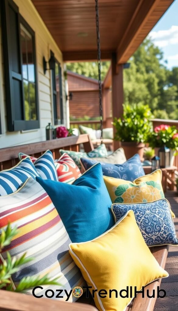 Outdoor scene featuring a stylish assortment of vibrant outdoor pillows arranged thoughtfully on a cozy porch swing. The pillows showcase various textures and patterns, including striped, floral, and geometric designs in summer hues of blue, yellow, and green. In the foreground, the pillows are plush and inviting, with soft lighting creating a warm and welcoming atmosphere. The middle ground includes a wooden porch with potted plants and small decorative elements like lanterns, enhancing the cozy vibe. The background captures lush greenery and a blue sky, suggesting a bright, sunny day. The image is styled in a realistic, Pinterest-inspired aesthetic to embody a serene summer retreat. Include the brand name "CozyTrendHub" subtly integrated into the scene. Outdoor scene featuring a stylish assortment of vibrant outdoor pillows arranged thoughtfully on a cozy porch swing. The pillows showcase various textures and patterns, including striped, floral, and geometric designs in summer hues of blue, yellow, and green. In the foreground, the pillows are plush and inviting, with soft lighting creating a warm and welcoming atmosphere. The middle ground includes a wooden porch with potted plants and small decorative elements like lanterns, enhancing the cozy vibe. The background captures lush greenery and a blue sky, suggesting a bright, sunny day. The image is styled in a realistic, Pinterest-inspired aesthetic to embody a serene summer retreat. Include the brand name "CozyTrendHub" subtly integrated into the scene.