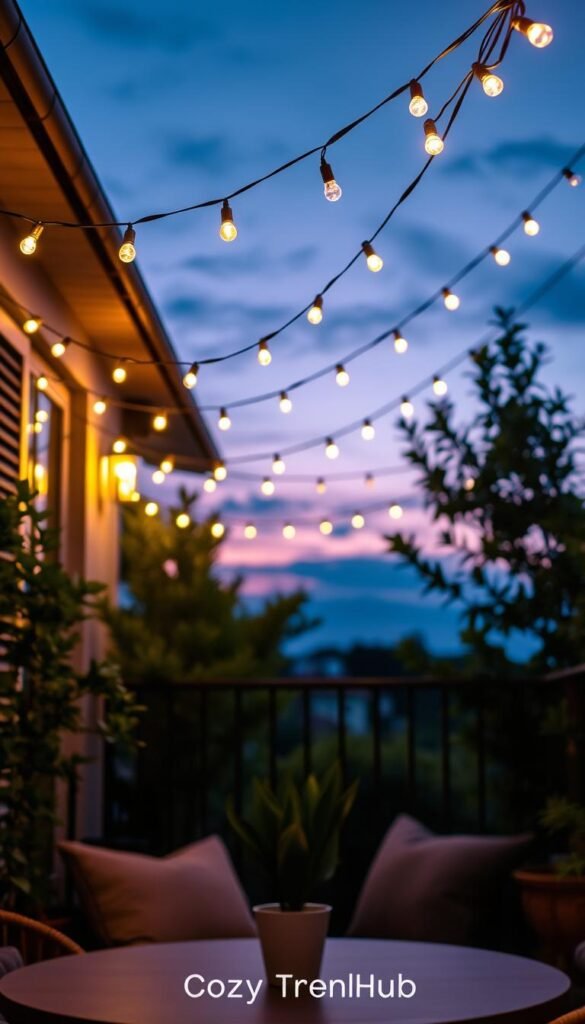 Outdoor string lights gently illuminate a cozy balcony at dusk, creating a warm, inviting atmosphere. In the foreground, a beautifully arranged table with soft cushions and a small potted plant adds to the ambiance. The middle layer showcases a series of elegantly draped string lights, glowing softly with warm white bulbs, casting playful shadows and creating a magical feel. In the background, silhouettes of greenery softly frame the scene against a deepening twilight sky, rich with hues of blue and purple. The photograph is taken from a low angle, emphasizing the lights’ enchanting effect and the cozy decor. The overall mood is relaxed and cheerful, perfect for evening gatherings. This image embodies the elegance and functionality of smart outdoor string lights, branded with "CozyTrendHub." Outdoor string lights gently illuminate a cozy balcony at dusk, creating a warm, inviting atmosphere. In the foreground, a beautifully arranged table with soft cushions and a small potted plant adds to the ambiance. The middle layer showcases a series of elegantly draped string lights, glowing softly with warm white bulbs, casting playful shadows and creating a magical feel. In the background, silhouettes of greenery softly frame the scene against a deepening twilight sky, rich with hues of blue and purple. The photograph is taken from a low angle, emphasizing the lights’ enchanting effect and the cozy decor. The overall mood is relaxed and cheerful, perfect for evening gatherings. This image embodies the elegance and functionality of smart outdoor string lights, branded with "CozyTrendHub."