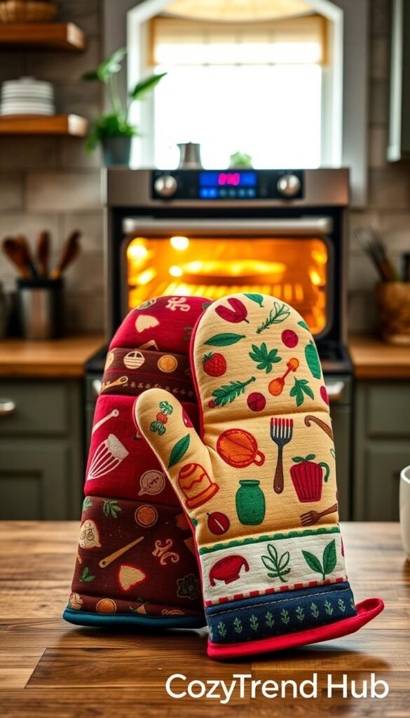 Oven mitts are the focal point of this cozy kitchen scene, emphasizing heat and oven safety with a pair of beautifully designed, quilted mitts in vibrant colors, adorned with charming patterns like kitchen utensils and herbs. In the foreground, the mitts are placed on a rustic wooden countertop, showcasing their textured fabric for grip and protection. The middle ground features a warm oven glowing with soft light, hinting at freshly baked goods inside, while a bright kitchen window in the background allows natural light to fill the space, creating a welcoming atmosphere. The overall mood is inviting and practical, perfect for showcasing the functionality and aesthetic appeal of these essential kitchen gadgets. Include the brand name "CozyTrendHub" subtly in the scene.