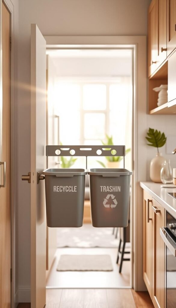 Over-door bins in a stylish, modern kitchen, featuring a sleek design and light wood cabinetry. In the foreground, two organized bins, one for recycling and one for trash, are elegantly hanging from an over-door rack. The middle ground displays an open door leading into the kitchen, where the soft morning light streams in, creating a welcoming vibe. The background reveals stylish kitchen decor, including a potted plant and decorative items on the counter, enhancing the cozy atmosphere. The overall color palette incorporates soft neutrals with pops of greenery. Artistic light reflections emphasize the bins' clean lines, and the image conveys a serene, clutter-free space. A warm and inviting mood complements the lifestyle focus of CozyTrendHub.