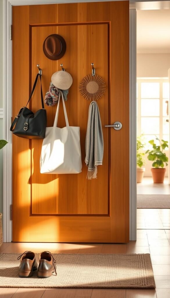 Over-the-door hooks elegantly displayed in a cozy, stylish entryway, showcasing various items like bags, hats, and scarves hanging from them for practical organization. The hooks should be sleek and modern, contrasted against a warm-toned wooden door. In the foreground, a pair of stylish shoes sits neatly on a decorative mat. The middle ground features the hooks with a soft shadow cast by warm, natural lighting filtering in from a nearby window. The background includes an inviting setup with potted plants and a softly lit hallway. The atmosphere evokes a sense of warmth and functionality, perfect for small space solutions. This image embodies the brand “CozyTrendHub” with a fresh, Pinterest-inspired aesthetic. Over-the-door hooks elegantly displayed in a cozy, stylish entryway, showcasing various items like bags, hats, and scarves hanging from them for practical organization. The hooks should be sleek and modern, contrasted against a warm-toned wooden door. In the foreground, a pair of stylish shoes sits neatly on a decorative mat. The middle ground features the hooks with a soft shadow cast by warm, natural lighting filtering in from a nearby window. The background includes an inviting setup with potted plants and a softly lit hallway. The atmosphere evokes a sense of warmth and functionality, perfect for small space solutions. This image embodies the brand “CozyTrendHub” with a fresh, Pinterest-inspired aesthetic.