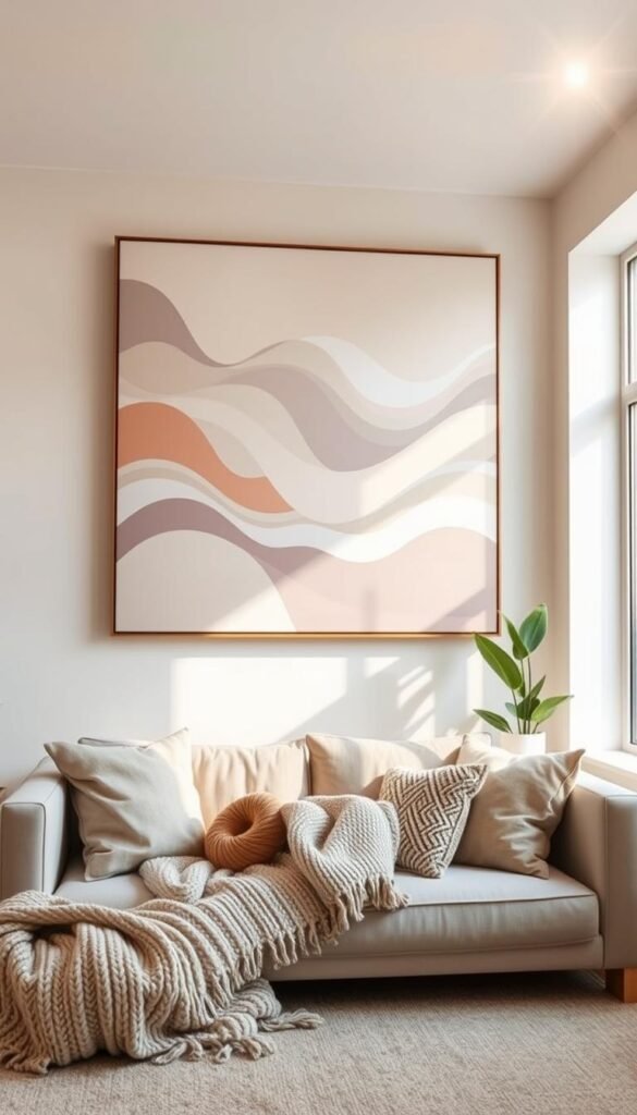 Oversized wall art above a stylish, minimalist sofa in a small, well-lit living room, showcasing an abstract design with soft pastel colors to create a serene atmosphere. The artwork features flowing shapes and gentle gradients that draw the eye upward, enhancing the sense of space. In the foreground, a cozy knitted throw and decorative pillows add texture, while in the background, a potted plant brings a touch of nature. The room has warm, diffused lighting coming from a large window, highlighted by a soft lens flare effect, creating an inviting and spacious feel. The scene embodies a Pinterest-style lifestyle photo, ideal for trendy home decor inspiration from CozyTrendHub.