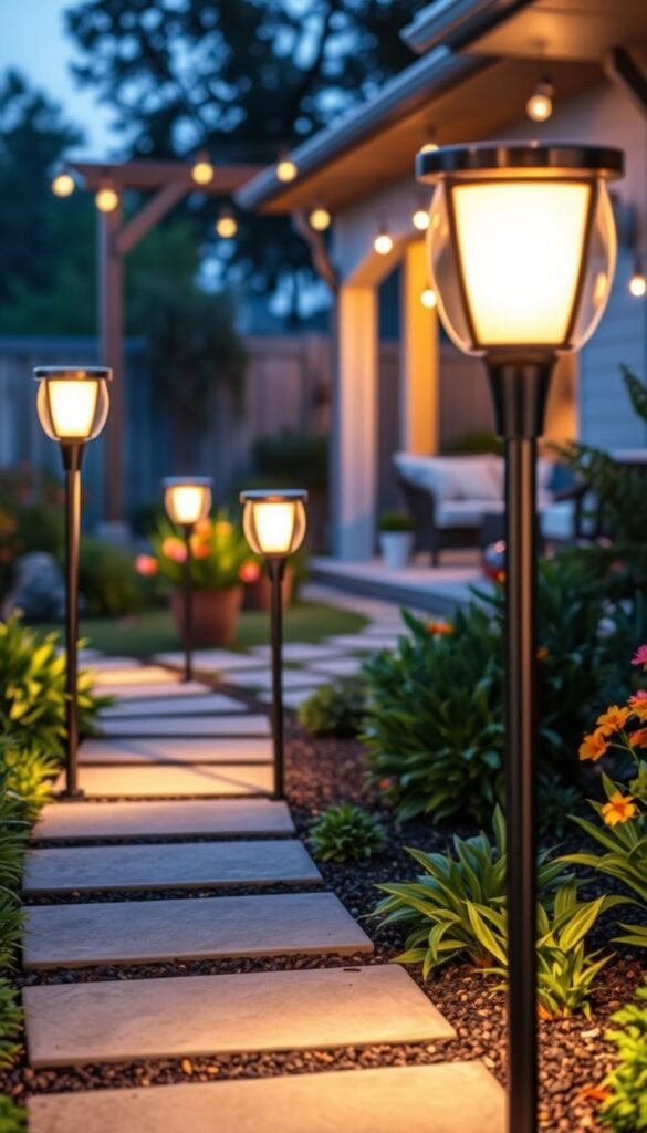 Path lights illuminating a charming outdoor walkway leading from a cozy patio to a landscaped garden. The scene features multiple stylish stake lights, each with a sleek, modern design that casts a warm, inviting glow. In the foreground, the path is lined with lush greenery and potted flowers, creating an inviting atmosphere. The middle ground showcases elegant path lights softly illuminating the way, enhancing the tranquil ambiance. The background includes a softly lit patio area with comfortable furniture, perfect for relaxation and gatherings. The image captures a serene twilight setting, emphasizing the gentle illumination of the path lights. Shot with a shallow depth of field for a dreamy effect, this Pinterest-style lifestyle photo embodies the essence of CozyTrendHub's outdoor decor aesthetic. Path lights illuminating a charming outdoor walkway leading from a cozy patio to a landscaped garden. The scene features multiple stylish stake lights, each with a sleek, modern design that casts a warm, inviting glow. In the foreground, the path is lined with lush greenery and potted flowers, creating an inviting atmosphere. The middle ground showcases elegant path lights softly illuminating the way, enhancing the tranquil ambiance. The background includes a softly lit patio area with comfortable furniture, perfect for relaxation and gatherings. The image captures a serene twilight setting, emphasizing the gentle illumination of the path lights. Shot with a shallow depth of field for a dreamy effect, this Pinterest-style lifestyle photo embodies the essence of CozyTrendHub's outdoor decor aesthetic.