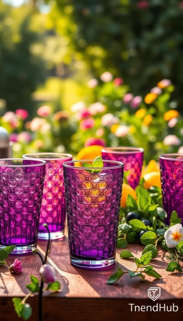 Purple botanist drinking glasses elegantly arranged on a rustic wooden table, surrounded by fresh greens and colorful spring flowers, creating a vibrant outdoor kitchen patio scene. The foreground features close-ups of the textured glassware, showcasing their unique botanical patterns and varying shades of purple. In the middle, a cheerful spread of freshly cut herbs and citrus fruits complements the glasses, inviting a lively spring atmosphere. The background fades softly into a sunlit and lush garden with soft bokeh effects, enhancing the serene ambiance. Warm, natural lighting highlights the intricate details of the glasses, giving a cozy and inviting feel. This Pinterest-style lifestyle photo embodies functionality and seasonal decor, aptly labeled with the logo "CozyTrendHub" in a subtle, non-intrusive manner.