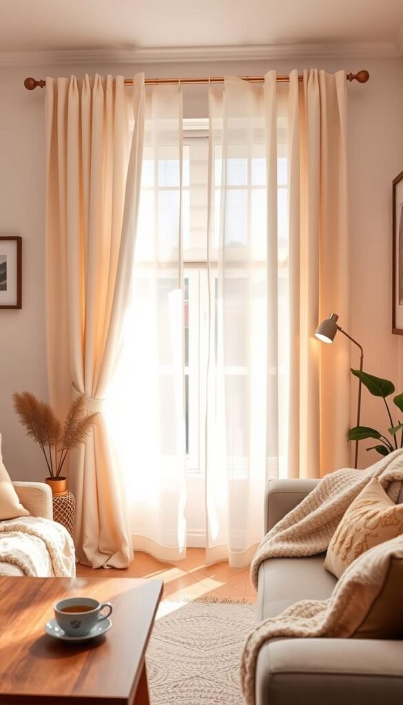 Realistic lifestyle image of a cozy small living room showcasing elegant sheer curtains in soft cream hues, allowing natural light to filter through and illuminate the space. Foreground features a small wooden coffee table with a steaming cup of tea and a plush throw blanket. Middle ground includes the delicate curtains flowing gently at the window, creating an airy feel, paired with elegant roller shades slightly pulled up to create an open atmosphere. Background depicts tasteful wall art and indoor plants to enhance the room's comfort. Use warm, diffused lighting to evoke a welcoming ambiance. Capture the scene with a slightly elevated angle, showcasing depth and warmth. Styled in a Pinterest-worthy aesthetic that aligns with CozyTrendHub's branding for the best cozy decor.