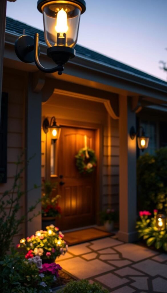 Realistic outdoor wall lights and sconces elegantly mounted on a charming home facade during twilight. In the foreground, a beautifully illuminated light fixture emits a warm, inviting glow. The middle layer features stylish sconces flanking a rustic wooden entry door adorned with seasonal decor. The background shows a well-maintained garden path lined with blooming flowers and lush greenery, subtly lit to enhance curb appeal. The ambiance is cozy and welcoming, perfect for summer evenings. The lighting captures a soft, golden hue, creating an enchanting atmosphere. Shot from a slightly low angle to emphasize the height of the fixtures and the inviting entryway, this lifestyle image embodies the homey yet sophisticated vibe of CozyTrendHub decor ideas. Realistic outdoor wall lights and sconces elegantly mounted on a charming home facade during twilight. In the foreground, a beautifully illuminated light fixture emits a warm, inviting glow. The middle layer features stylish sconces flanking a rustic wooden entry door adorned with seasonal decor. The background shows a well-maintained garden path lined with blooming flowers and lush greenery, subtly lit to enhance curb appeal. The ambiance is cozy and welcoming, perfect for summer evenings. The lighting captures a soft, golden hue, creating an enchanting atmosphere. Shot from a slightly low angle to emphasize the height of the fixtures and the inviting entryway, this lifestyle image embodies the homey yet sophisticated vibe of CozyTrendHub decor ideas.