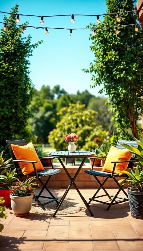 Renter-friendly outdoor furniture set in a cozy, inviting patio setting. The foreground features a stylish, lightweight bistro table with two comfortable foldable chairs, surrounded by vibrant potted plants and colorful outdoor cushions. In the middle, a charming small rug adds texture, and fairy lights are softly draped overhead, creating a warm ambiance. The background showcases a serene garden view with green foliage and a clear blue sky, emphasizing a peaceful outdoor space. The lighting is bright and sunny, casting soft shadows, while the angle is slightly elevated to capture the whole scene aesthetically. The mood is relaxed and cheerful, perfect for cozy gatherings. Inspired by the brand "CozyTrendHub," the overall image reflects modern patio decor that's easy to install and move.