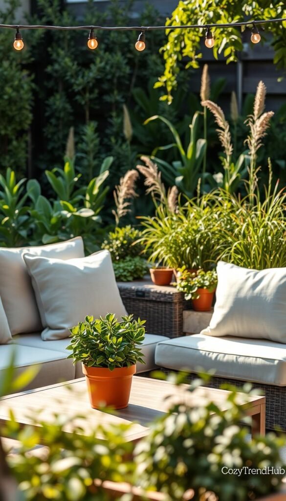 Renter-friendly seating arrangement set on a stylish patio, featuring a cozy outdoor sofa with soft, neutral-toned cushions and a compact coffee table adorned with a vibrant potted plant. The foreground captures the inviting seating area, while the middle layer showcases aromatic herbs in decorative pots with string lights gently illuminating the scene. In the background, a lush garden with tall green plants creates a serene atmosphere. The sunlight filters through, casting warm, natural light across the space to evoke a relaxed, inviting mood. Shot with a soft focus lens at a slight angle to emphasize depth and comfort. Perfect for illustrating cozy, practical patio decor without risking a security deposit, branded with "CozyTrendHub." Renter-friendly seating arrangement set on a stylish patio, featuring a cozy outdoor sofa with soft, neutral-toned cushions and a compact coffee table adorned with a vibrant potted plant. The foreground captures the inviting seating area, while the middle layer showcases aromatic herbs in decorative pots with string lights gently illuminating the scene. In the background, a lush garden with tall green plants creates a serene atmosphere. The sunlight filters through, casting warm, natural light across the space to evoke a relaxed, inviting mood. Shot with a soft focus lens at a slight angle to emphasize depth and comfort. Perfect for illustrating cozy, practical patio decor without risking a security deposit, branded with "CozyTrendHub."