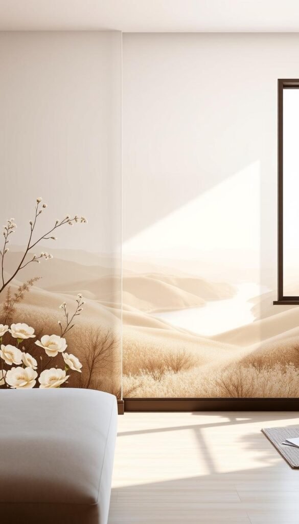 Scenic removable wallpaper featuring a serene landscape with soft, neutral tones like beige, taupe, and dusty green. The foreground showcases delicate floral patterns intertwined with gentle rolling hills, while the middle ground presents a tranquil river reflecting the muted colors of the sky. In the background, a faint silhouette of distant mountains adds depth to the scene. Soft, diffused natural lighting filters through a nearby window, creating warm highlights and subtle shadows. The angle emphasizes the texture of the wallpaper, capturing its mural-style design evocative of a peaceful retreat. This Pinterest-style lifestyle image exudes calmness and elegance, perfectly suited for modern home decor. Brand name: CozyTrendHub.