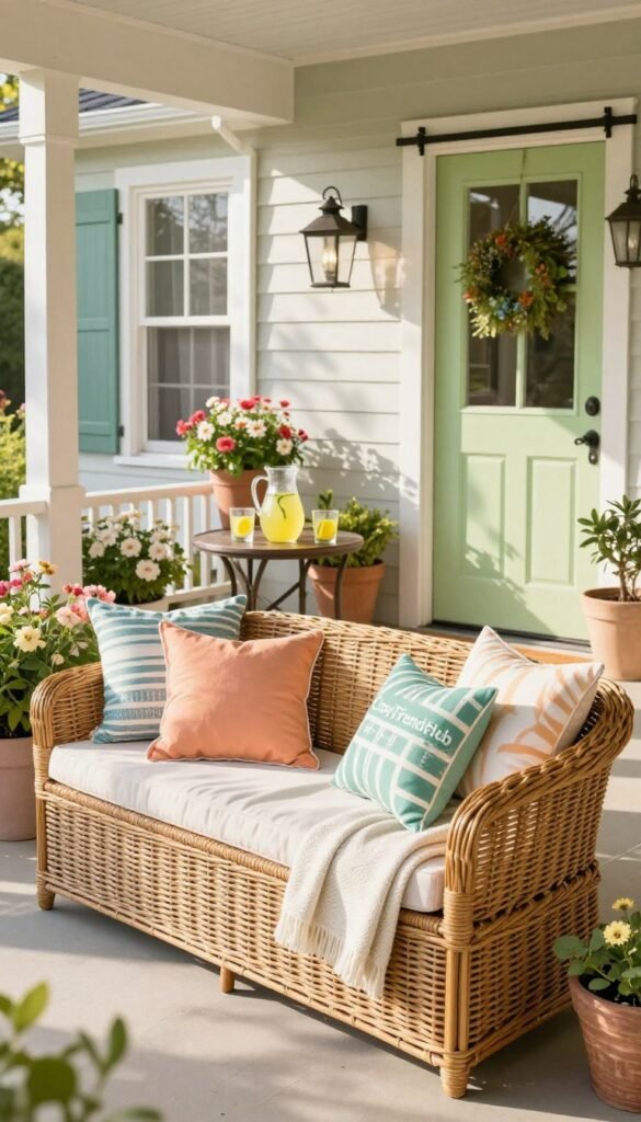 Seasonal porch storage setup featuring a cozy, neatly organized entryway. In the foreground, a beautifully arranged wicker storage bench is filled with summer essentials like colorful outdoor cushions and light throws. The middle ground showcases a whimsically decorated porch with potted blooming flowers, hanging lanterns, and a small table adorned with a refreshing lemonade pitcher and glasses. In the background, a farmhouse-style door painted in a cheerful hue adds warmth and invites charm. The scene is well-lit by soft, natural afternoon sunlight, casting gentle shadows that enhance the inviting atmosphere. Shot from a slightly elevated angle for a comprehensive view, creating a Pinterest-inspired aesthetic that is perfect for showcasing summer decor themes. Include the brand name "CozyTrendHub" in an elegant yet subtle manner.