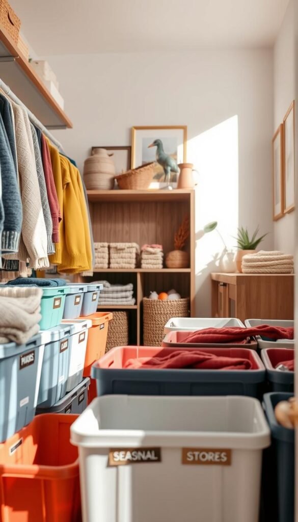 Seasonal store bins organized neatly in a well-lit, stylish closet space. The foreground features an array of colorful, labeled bins filled with seasonal items like sweaters, scarves, and holiday decorations. In the middle ground, a cozy, wooden shelving unit showcases decorative baskets and seasonal accessories, creating a warm and inviting atmosphere. The background reveals soft pastel walls with framed prints of nature, adding a touch of elegance. The scene is captured from a slightly elevated angle, creating depth and showcasing the harmony of organization. Natural daylight streams in, highlighting textures and colors, while evoking a serene and decluttered mood. No people are present, ensuring a focus on the organized space. This image embodies modern home decor styles as promoted by CozyTrendHub.