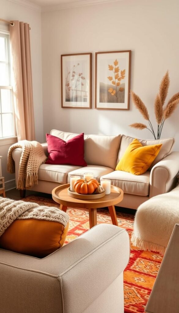 Seasonal swaps for a small living room, focusing on a cozy autumn aesthetic. In the foreground, a plush beige sofa adorned with mustard and burgundy throw pillows, complemented by a soft, knitted blanket draped over the arm. A small, round wooden coffee table features a pumpkin centerpiece surrounded by flickering scented candles. In the middle, a vibrant area rug showcasing warm autumn colors adds depth to the space. The background shows a wall with framed seasonal artwork in soft, muted tones, and a window letting in soft, natural light. The atmosphere is warm and inviting, perfect for a Pinterest-inspired lifestyle photo. Professional style, no clutter, designed for CozyTrendHub. Seasonal swaps for a small living room, focusing on a cozy autumn aesthetic. In the foreground, a plush beige sofa adorned with mustard and burgundy throw pillows, complemented by a soft, knitted blanket draped over the arm. A small, round wooden coffee table features a pumpkin centerpiece surrounded by flickering scented candles. In the middle, a vibrant area rug showcasing warm autumn colors adds depth to the space. The background shows a wall with framed seasonal artwork in soft, muted tones, and a window letting in soft, natural light. The atmosphere is warm and inviting, perfect for a Pinterest-inspired lifestyle photo. Professional style, no clutter, designed for CozyTrendHub.
