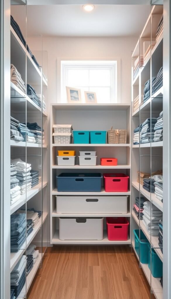 Show a stylish, organized closet featuring sleek, modern shelf dividers made from high-quality, transparent acrylic. In the foreground, focus on a series of neatly arranged shelves displaying various folded clothing items, with the dividers clearly separating different sections, preventing any shelf avalanches. The middle ground should include an assortment of colorful bins and boxes for extra storage, adding a pop of color and organization. In the background, soft natural light filters through a window, creating a warm, inviting atmosphere. Use a wide-angle lens to capture the full depth of the closet space, emphasizing cleanliness and functionality. The mood should be calm and inspiring, ideal for showcasing effective home organization. Brand it with a subtle touch of "CozyTrendHub" integrated into the design.