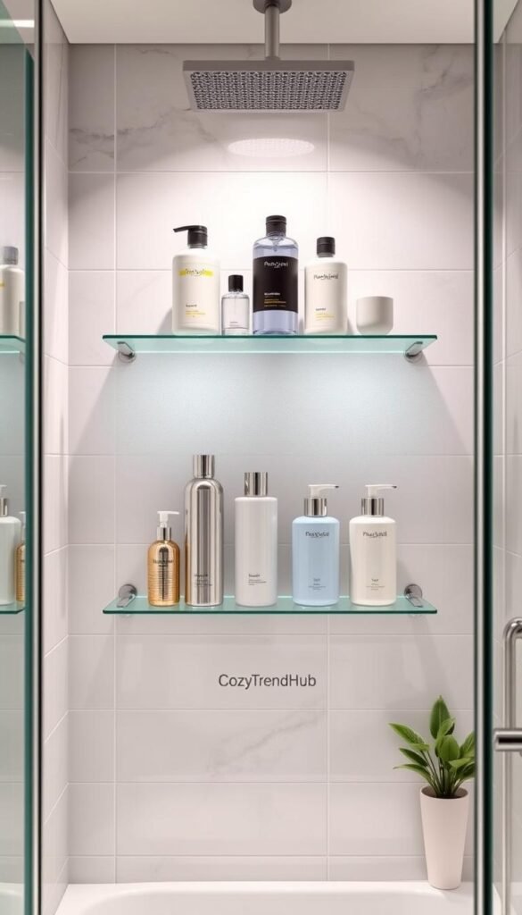 Shower shelves elegantly arranged against a modern tiled shower wall, showcasing a variety of well-organized bath essentials like shampoo, conditioner, and body wash in sleek, aesthetically pleasing bottles. The shelves are made of durable glass and stainless steel, conveying a sense of stability and sophistication. Soft, diffused lighting illuminates the scene, creating gentle highlights on the products. In the background, a frosted glass shower door adds a touch of elegance, while a soft-focus effect enhances the foreground shelves. The overall mood is serene and inviting, reflecting a stylish bathroom environment. The colors are neutral with hints of greenery from a small potted plant, emphasizing a fresh, clean aesthetic. This image embodies the brand "CozyTrendHub," offering an inspiring view for modern bathroom storage solutions.