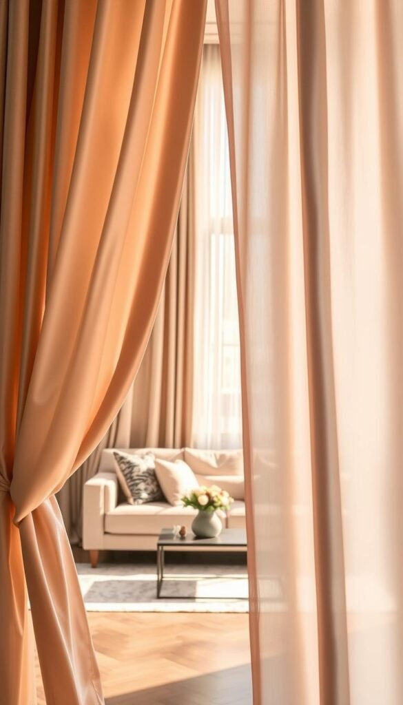 Silk and silk-look drapes elegantly cascade from a high window, softly illuminated by warm, natural light filtering through. The foreground showcases the rich texture of the silk, shimmering with subtle hues of cream and blush, accentuated by gentle folds. In the middle, the drapes elegantly frame a cozy, well-appointed living space featuring a plush, neutral-toned sofa adorned with decorative cushions. A stylish coffee table with a chic centerpiece, perhaps a small vase of fresh flowers, sits below the drapes. The background reveals a softly blurred, inviting home setting, suggesting tranquility and warmth. The overall atmosphere conveys an elevated, designer aesthetic, inviting viewers to imagine relaxation and comfort. This lifestyle image reflects the essence of “CozyTrendHub,” showcasing the sophistication and charm of silk drapes in home decor. Silk and silk-look drapes elegantly cascade from a high window, softly illuminated by warm, natural light filtering through. The foreground showcases the rich texture of the silk, shimmering with subtle hues of cream and blush, accentuated by gentle folds. In the middle, the drapes elegantly frame a cozy, well-appointed living space featuring a plush, neutral-toned sofa adorned with decorative cushions. A stylish coffee table with a chic centerpiece, perhaps a small vase of fresh flowers, sits below the drapes. The background reveals a softly blurred, inviting home setting, suggesting tranquility and warmth. The overall atmosphere conveys an elevated, designer aesthetic, inviting viewers to imagine relaxation and comfort. This lifestyle image reflects the essence of “CozyTrendHub,” showcasing the sophistication and charm of silk drapes in home decor.