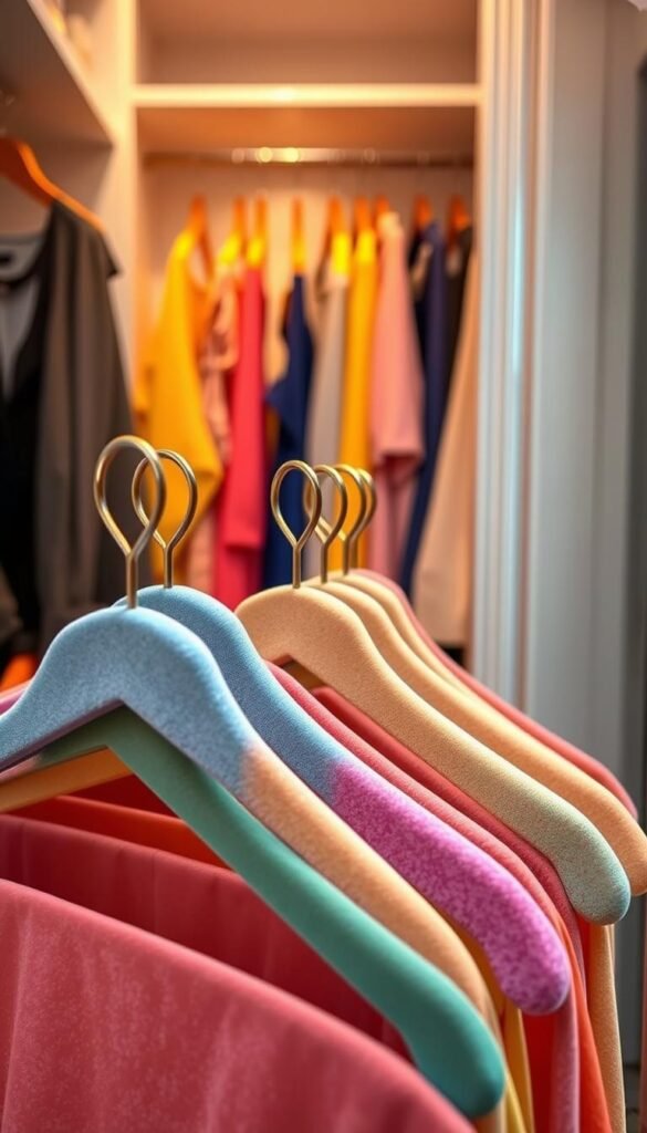 Slim velvet hangers arranged in an elegantly organized closet, showcasing a variety of colorful, well-fitted garments hanging smoothly on them. In the foreground, focus on a cluster of vibrant hangers in soft pastel shades, emphasizing their sleek, slim design that maximizes hanging space. In the middle ground, reveal a tidy row of clothing items, displaying a mix of blouses, dresses, and jackets, all color-coordinated for a harmonious look. In the background, a subtle glimpse of a soft-lit, minimalist closet interior, with warm lighting enhancing the velvet texture of the hangers. The atmosphere is inviting and stylish, reflecting the brand "CozyTrendHub" with a cozy and organized vibe, ideal for small, narrow spaces.