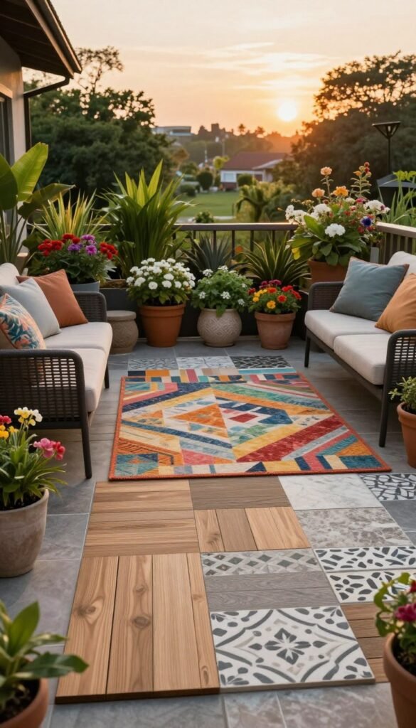 Small patio flooring decor ideas featuring various materials like wooden tiles, colorful outdoor rugs, and patterned stone pavers organized artfully on a cozy terrace. In the foreground, a carefully arranged seating area with stylish, weather-resistant furniture adorned with soft cushions. In the middle, a mix of decorative planters filled with vibrant flowers and lush greenery creating a lively backdrop, showcasing the transformation potential of small outdoor spaces. The background includes a warm, golden sunset casting soft light, enhancing the inviting atmosphere. The image is captured with a wide-angle lens to emphasize depth and detail, embodying a serene and chic vibe, perfect for Pinterest-style inspiration. This scene reflects CozyTrendHub&rsquo;s aesthetic, highlighting small patio decor upgrades that elevate the space like a renovation.