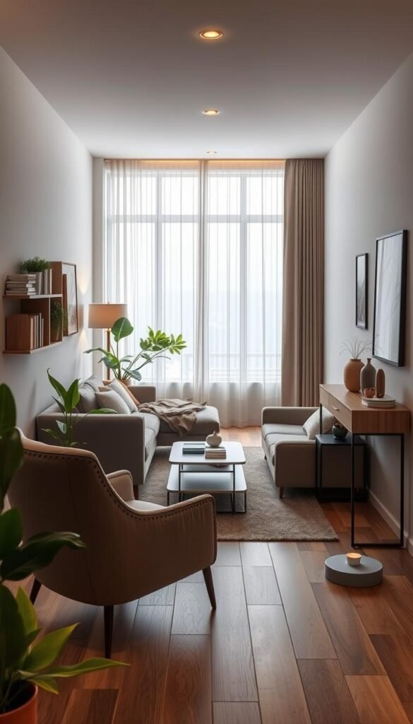 Small-space furniture design in a long, narrow room, featuring a sleek, multifunctional sofa that converts into a bed, paired with a stylish, minimalist coffee table and vibrant potted plants. In the foreground, a cozy reading nook with a chic armchair, a wall shelf filled with books, and soft, warm lighting creating an inviting atmosphere. The middle layer reveals an elegant console table adorned with decorative items that add character without cluttering the space. In the background, a large window with sheer curtains allows natural light to flow in, highlighting the room's depth. The overall mood is tranquil and stylish, showcasing the essence of modern living in tight quarters. This image is inspired by the brand CozyTrendHub, emphasizing practical elegance in small-space decor.