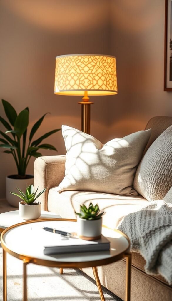 Small-space lighting setup featuring an elegant lamp with a warm, golden glow, illuminating a cozy corner of a stylishly furnished living room. The foreground shows a chic, minimalist side table adorned with a small potted plant and a decorative book. In the middle, the lamp stands out, casting intricate shadows, while soft, textured pillows and a plush throw blanket lie on a contemporary accent chair. The background hints at a serene wall with subtle artwork, providing a sense of depth. The scene is captured in natural daylight, with a soft-focus lens effect to enhance the warm atmosphere, evoking a feeling of comfort and luxury. Ideal for cozy home decor inspiration by CozyTrendHub.