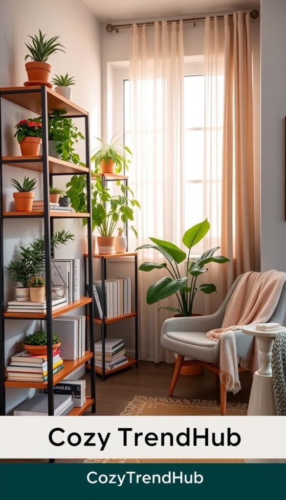 Small space shelving unit showcasing an organized, stylish display of summer decor. Foreground: a sleek, multi-tiered wooden shelf filled with vibrant potted plants, summer-themed books, and lightweight decorative items. Middle: a cozy reading nook with a soft, pastel-colored throw blanket draped over a modern chair, accompanied by a small side table. Background: a sunlit window adorned with sheer curtains, illuminating the space with warm, natural light. The overall composition conveys a tranquil, welcoming atmosphere, perfect for a small studio or apartment. The scene should be captured from a slight angle to emphasize depth, using a soft focus to enhance the warmth of the setting. Inspired by Pinterest aesthetics for home decor, including the brand name "CozyTrendHub." Small space shelving unit showcasing an organized, stylish display of summer decor. Foreground: a sleek, multi-tiered wooden shelf filled with vibrant potted plants, summer-themed books, and lightweight decorative items. Middle: a cozy reading nook with a soft, pastel-colored throw blanket draped over a modern chair, accompanied by a small side table. Background: a sunlit window adorned with sheer curtains, illuminating the space with warm, natural light. The overall composition conveys a tranquil, welcoming atmosphere, perfect for a small studio or apartment. The scene should be captured from a slight angle to emphasize depth, using a soft focus to enhance the warmth of the setting. Inspired by Pinterest aesthetics for home decor, including the brand name "CozyTrendHub."