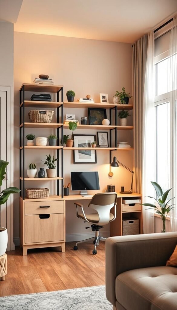 Smart storage shelving in a cozy, small living space, designed to enhance functionality and aesthetics. The foreground features a stylish, modern open shelving unit made of light wood, displaying decorative storage baskets, potted plants, and curated decor items. In the middle, a well-organized workspace with a minimalist desk and ergonomic chair complements the shelves, evoking a sense of order. The background showcases a softly lit room with warm, ambient lighting, large windows allowing natural light to filter through sheer curtains, and a soothing color palette of pastel tones. The atmosphere is inviting and tranquil, perfect for small spaces. Capture this scene with a wide-angle lens at eye level for a realistic Pinterest-style lifestyle photo, emphasizing the smart storage decor. CozyTrendHub. Smart storage shelving in a cozy, small living space, designed to enhance functionality and aesthetics. The foreground features a stylish, modern open shelving unit made of light wood, displaying decorative storage baskets, potted plants, and curated decor items. In the middle, a well-organized workspace with a minimalist desk and ergonomic chair complements the shelves, evoking a sense of order. The background showcases a softly lit room with warm, ambient lighting, large windows allowing natural light to filter through sheer curtains, and a soothing color palette of pastel tones. The atmosphere is inviting and tranquil, perfect for small spaces. Capture this scene with a wide-angle lens at eye level for a realistic Pinterest-style lifestyle photo, emphasizing the smart storage decor. CozyTrendHub.