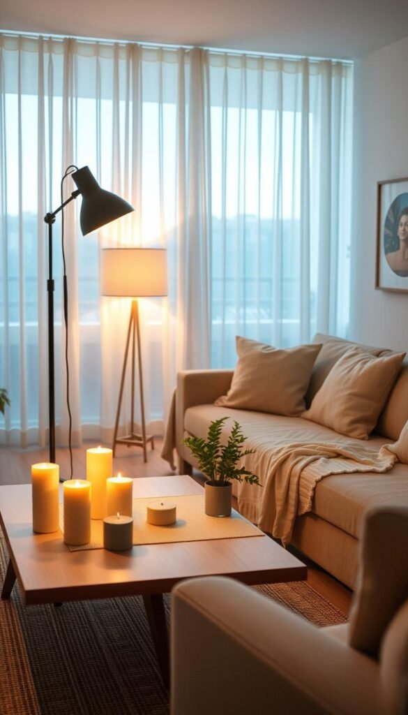 Soft, ambient lighting fills a cozy apartment living room during a summer evening. In the foreground, a stylish, modern floor lamp casts a warm glow, illuminating a beautifully arranged coffee table adorned with candles, a small potted plant, and a light woven table runner. The middle of the scene features a plush sofa draped with soft, light-colored throw blankets, set against sheer drapes that allow gentle twilight to filter in. In the background, hints of summer-themed decor—like cool-toned wall art and light curtains—create a refreshing atmosphere. The mood is tranquil and inviting, perfect for a summer night. Capture this scene with a soft-focus lens from a slight angle, emphasizing the warmth and comfort, embodying the essence of "CozyTrendHub." Soft, ambient lighting fills a cozy apartment living room during a summer evening. In the foreground, a stylish, modern floor lamp casts a warm glow, illuminating a beautifully arranged coffee table adorned with candles, a small potted plant, and a light woven table runner. The middle of the scene features a plush sofa draped with soft, light-colored throw blankets, set against sheer drapes that allow gentle twilight to filter in. In the background, hints of summer-themed decor—like cool-toned wall art and light curtains—create a refreshing atmosphere. The mood is tranquil and inviting, perfect for a summer night. Capture this scene with a soft-focus lens from a slight angle, emphasizing the warmth and comfort, embodying the essence of "CozyTrendHub."