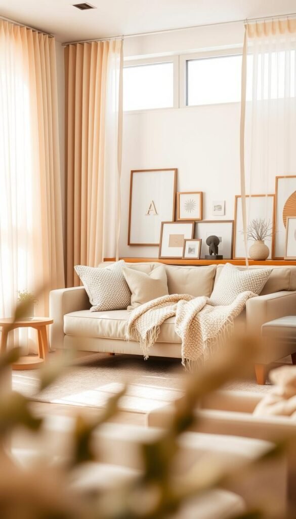 Soft and inviting living room with elegant window treatments that exude warmth and reduce the bare wall feel. The foreground showcases light, airy sheer curtains in soft beige, gently billowing as they catch the sunlight, creating a serene atmosphere. In the middle ground, a well-furnished space features a plush sofa adorned with textured throw pillows and a soft knitted blanket, complemented by stylish wooden side tables. The background includes a subtle wall decorated with tasteful art pieces, enhancing the cozy vibe. The scene is illuminated by natural light streaming through the windows, emphasizing the warm tones. Lens focus captures a soft blur at the edges, creating an inviting and tranquil mood, perfect for a cozy home decor inspiration from CozyTrendHub.