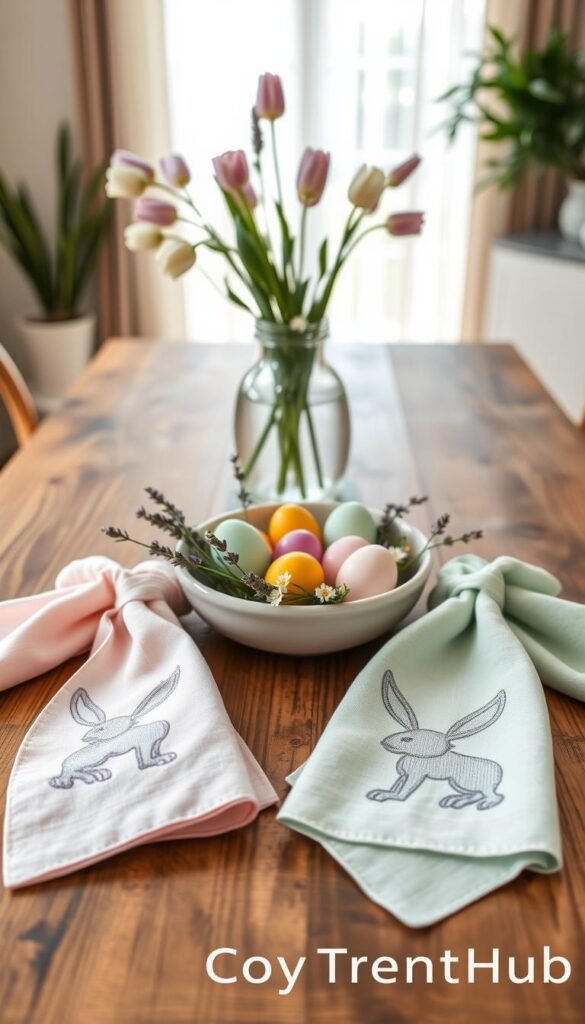 Soft, elegantly folded cloth napkins featuring subtle bunny motifs, arranged neatly on a modern, rustic wooden dining table. The foreground showcases three napkins in pastel colors—light pink, soft lavender, and mint green—highlighting intricate embroidered bunny patterns. In the middle, a matching ceramic dish holds colorful Easter eggs, with sprigs of fresh lavender and delicate white flowers interspersed. The background captures a cozy dining room setting, softly lit by gentle afternoon sunlight streaming through sheer curtains, creating a warm, inviting atmosphere. A stylish centerpiece of blooming tulips completes the scene, evoking a festive yet serene vibe perfect for messy family dinners. The overall composition should reflect a chic, Pinterest-inspired aesthetic for a modern home, with the brand name "CozyTrendHub". Soft, elegantly folded cloth napkins featuring subtle bunny motifs, arranged neatly on a modern, rustic wooden dining table. The foreground showcases three napkins in pastel colors—light pink, soft lavender, and mint green—highlighting intricate embroidered bunny patterns. In the middle, a matching ceramic dish holds colorful Easter eggs, with sprigs of fresh lavender and delicate white flowers interspersed. The background captures a cozy dining room setting, softly lit by gentle afternoon sunlight streaming through sheer curtains, creating a warm, inviting atmosphere. A stylish centerpiece of blooming tulips completes the scene, evoking a festive yet serene vibe perfect for messy family dinners. The overall composition should reflect a chic, Pinterest-inspired aesthetic for a modern home, with the brand name "CozyTrendHub".