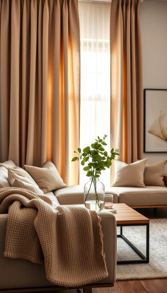Soft, flowing curtains in a warm beige tone drape elegantly over a large window, allowing soft, diffused natural light to filter into a modern living space. The foreground features a cozy, textured throw blanket draped across a stylish, neutral-toned sofa, adorned with plush accent pillows. In the middle, a sleek wooden coffee table holds a minimalist vase with lush green foliage, accentuating the natural vibe. The background showcases a tastefully decorated wall with abstract art, enhancing the modern aesthetic. The scene is captured using a warm, inviting lighting setup, with a slightly blurred bokeh effect to create depth. The mood is serene and sophisticated, reflecting a chic, Pinterest-style lifestyle that aligns with CozyTrendHub&rsquo;s aesthetic.