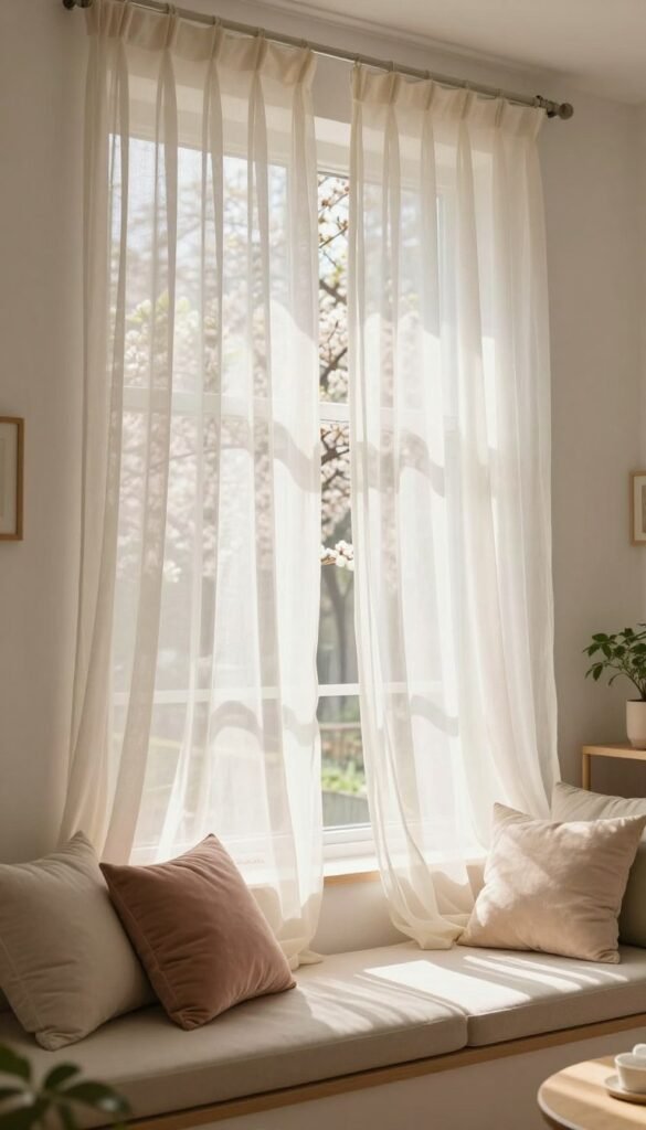Soft, flowing sheer curtains gently sway in a sunlit living room, casting delicate shadows on a light-colored wall. The foreground features a cozy, neatly arranged window seat adorned with plush cushions in pastel hues, providing an inviting atmosphere. In the middle ground, the ethereal curtains frame a picturesque view of blooming spring trees outside, creating a harmonious blend of indoor and outdoor spaces. The background showcases a bright, airy room, featuring tasteful minimalist decor and a hint of greenery in potted plants. The overall mood is calm and serene, evoking a sense of freshness and rejuvenation. The lighting is warm and soft, reminiscent of early morning sun. The image radiates a Pinterest-style lifestyle aesthetic perfect for home decor enthusiasts, branded subtly with "CozyTrendHub." Soft, flowing sheer curtains gently sway in a sunlit living room, casting delicate shadows on a light-colored wall. The foreground features a cozy, neatly arranged window seat adorned with plush cushions in pastel hues, providing an inviting atmosphere. In the middle ground, the ethereal curtains frame a picturesque view of blooming spring trees outside, creating a harmonious blend of indoor and outdoor spaces. The background showcases a bright, airy room, featuring tasteful minimalist decor and a hint of greenery in potted plants. The overall mood is calm and serene, evoking a sense of freshness and rejuvenation. The lighting is warm and soft, reminiscent of early morning sun. The image radiates a Pinterest-style lifestyle aesthetic perfect for home decor enthusiasts, branded subtly with "CozyTrendHub."