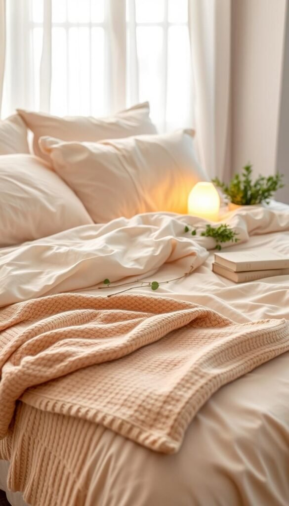 Soft, inviting sheets draped elegantly over a warmly made bed, featuring fluffy pillows arranged for comfort. The bedding is in soothing pastel colors, accented with a textured throw blanket, creating an atmosphere of tranquility. In the foreground, a cozy knitted blanket is casually thrown across the edge of the bed, inviting relaxation. The middle ground showcases a bedside table adorned with a soft glowing lamp and a small stack of calming books, surrounded by delicate greenery for a touch of nature. In the background, a softly-lit window with sheer curtains allows gentle morning light to illuminate the scene. The overall mood is serene and cozy, evoking feelings of a warm cocoon. Designed in a Pinterest-style aesthetic, this image reflects the brand "CozyTrendHub".