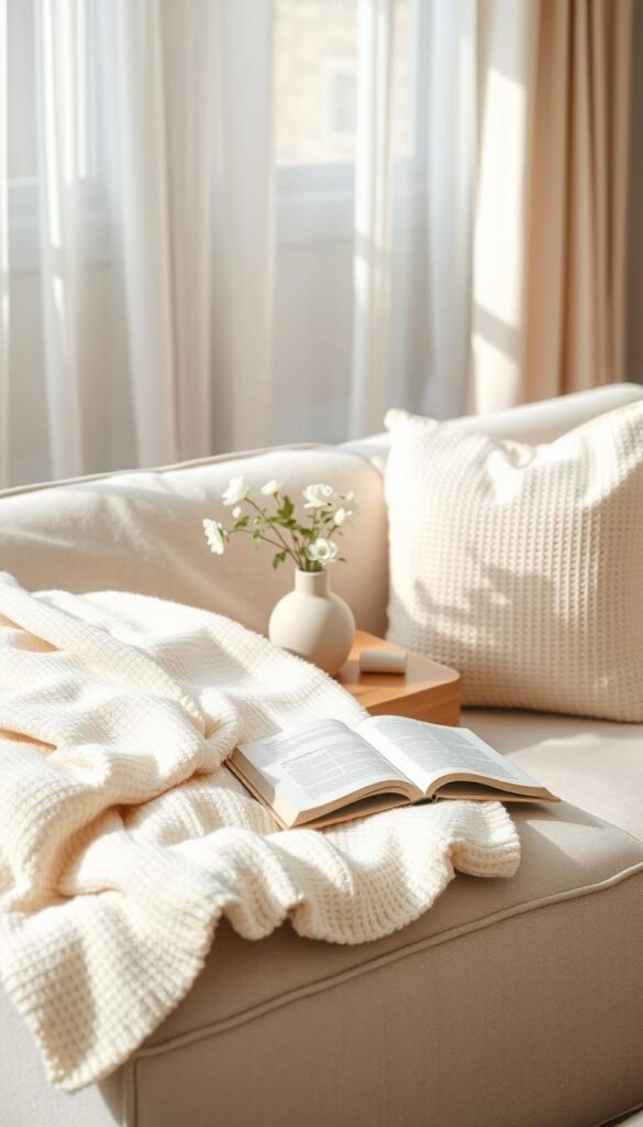 Soft, minimalistic textures for home decor, featuring a serene living space adorned with neutral-toned textiles. In the foreground, a plush cream throw blanket elegantly drapes over a light gray couch. A pair of textured, pale beige cushions are artfully arranged nearby. In the middle, a simple wooden coffee table showcases a delicate ceramic vase with fresh white flowers, and an open book lies invitingly next to it. The background features light, airy curtains gently fluttering, allowing soft natural light to filter through. The atmosphere is calm and inviting, capturing the essence of "CozyTrendHub" home decor. Shot from a slightly elevated angle to emphasize the layering of textures, with a warm, soft glow creating an intimate feeling. Soft, minimalistic textures for home decor, featuring a serene living space adorned with neutral-toned textiles. In the foreground, a plush cream throw blanket elegantly drapes over a light gray couch. A pair of textured, pale beige cushions are artfully arranged nearby. In the middle, a simple wooden coffee table showcases a delicate ceramic vase with fresh white flowers, and an open book lies invitingly next to it. The background features light, airy curtains gently fluttering, allowing soft natural light to filter through. The atmosphere is calm and inviting, capturing the essence of "CozyTrendHub" home decor. Shot from a slightly elevated angle to emphasize the layering of textures, with a warm, soft glow creating an intimate feeling.