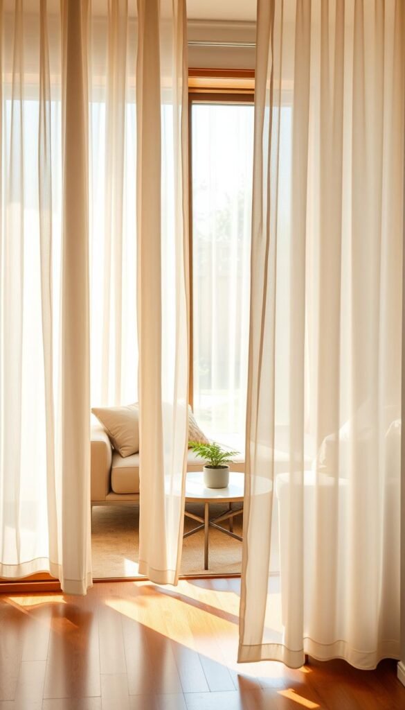 Soft sheer curtains gently billow in a cozy, sunlit living room, enveloping the space in warm, inviting tones. In the foreground, a stylish, minimalistic wooden window frame captures the curtains as they cascade down elegantly, casting delicate shadows on the polished hardwood floor. In the middle ground, a plush, neutral-toned sofa with decorative pillows complements the softness of the curtains, while a chic coffee table adorned with a small potted plant adds a touch of greenery. The background features a softly blurred view of a serene outdoor garden, enhancing the feeling of privacy and tranquility. Natural sunlight filters through the fabric, creating a warm atmosphere. Capture this scene with a soft-focus lens at eye level, ensuring a harmonious balance of light and color that embodies the essence of modern, stylish home decor from CozyTrendHub.