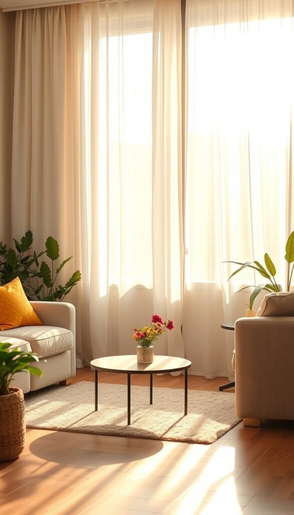 Soft sheer curtains gently billow in the sunlight streaming through a large window, casting delicate shadows on a sunlit wooden floor. In the foreground, a cozy living room setting features plush, neutral-colored furniture adorned with bright, seasonal throw pillows. Potted green plants in the corners add a touch of freshness, while a minimalist coffee table holds a small vase of fresh flowers. The curtains, in a soft white fabric, draw the viewer&rsquo;s eye, emphasizing the concept of maximizing natural light. The soft, golden hour lighting creates an inviting and tranquil atmosphere, ideal for summer decor. The scene evokes a sense of warmth and relaxation, perfect for inspiring home decor ideas. All elements reflect a stylish and bright interior curated by CozyTrendHub.