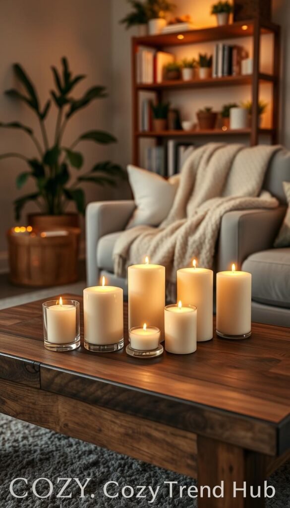 Softly glowing candles arranged elegantly on a rustic wooden coffee table create a warm ambiance in a cozy living room. In the foreground, various sizes of cream and pastel-colored candles flicker gently, some in stylish glass holders, casting delicate shadows. The middle ground features a plush, inviting throw blanket draped casually over a stylish armchair, complemented by a few decorative pillows. In the background, a softly lit bookshelf filled with books and potted plants adds character to the space. The scene is captured with warm, diffused lighting for a comforting feel, reminiscent of a Pinterest lifestyle photo, evoking the inviting atmosphere of a home. The overall mood is serene and relaxing, perfect for highlighting cozy decor essentials. Designed for &ldquo;CozyTrendHub,&rdquo; this image emphasizes comfort and warmth.