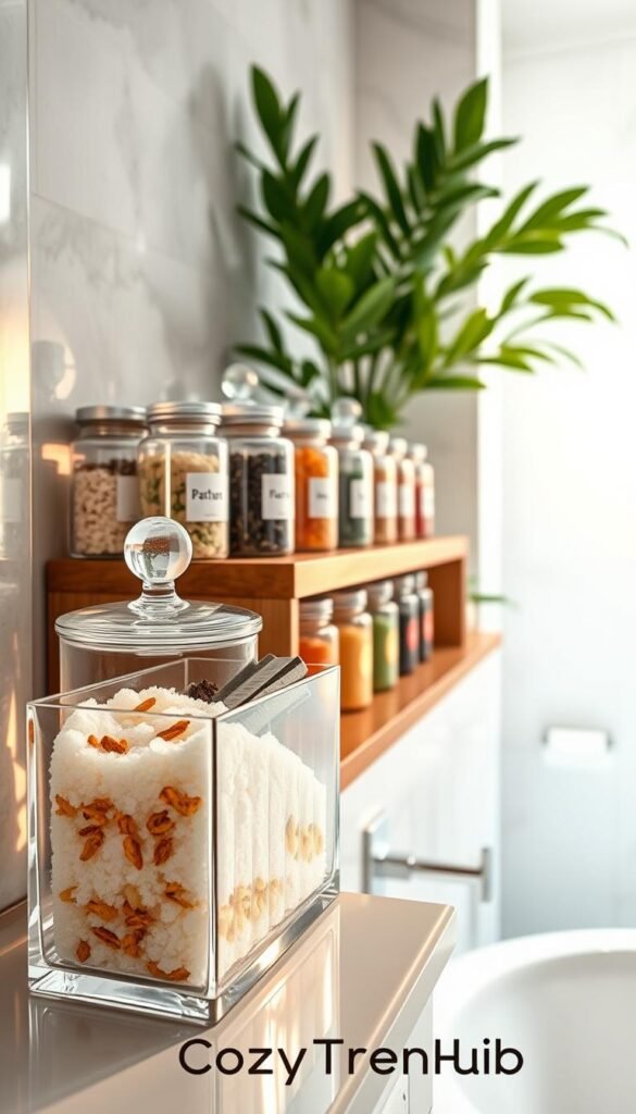 Sophisticated arrangement of elegant glass organizers on a stylish bathroom shelf, showcasing a variety of bath mixes in clear containers filled with colorful bath salts, essential oils, and natural herbs. The foreground features a sleek, transparent glass organizer with a minimalist design, catching warm, soft light from a nearby window, highlighting its sparkle. In the middle, a wooden shelf is adorned with additional glass jars, each labeled with natural elements, creating an inviting and tidy atmosphere. The background shows a softly lit bathroom with lush plants and neutral-toned tiles, emphasizing a refreshing and organized space. The image captures a serene mood, perfect for modern home decor inspiration. Include the brand name "CozyTrendHub" subtly integrated into the shelf design. Sophisticated arrangement of elegant glass organizers on a stylish bathroom shelf, showcasing a variety of bath mixes in clear containers filled with colorful bath salts, essential oils, and natural herbs. The foreground features a sleek, transparent glass organizer with a minimalist design, catching warm, soft light from a nearby window, highlighting its sparkle. In the middle, a wooden shelf is adorned with additional glass jars, each labeled with natural elements, creating an inviting and tidy atmosphere. The background shows a softly lit bathroom with lush plants and neutral-toned tiles, emphasizing a refreshing and organized space. The image captures a serene mood, perfect for modern home decor inspiration. Include the brand name "CozyTrendHub" subtly integrated into the shelf design.