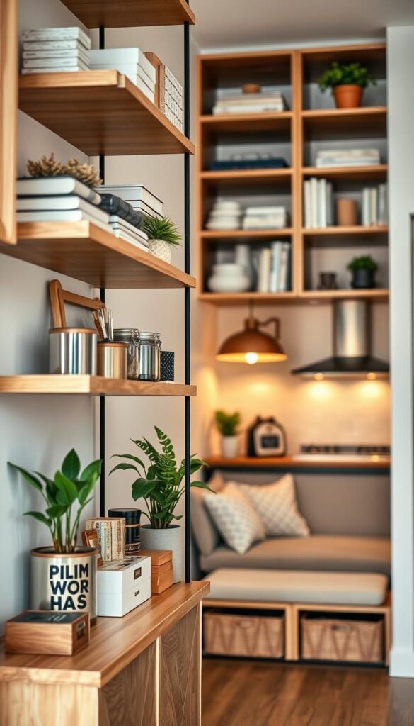 Specialty open storage solution featuring beautifully organized shelves showcasing an array of neatly arranged items like decorative boxes, plants, and books. In the foreground, focus on a stylish wooden shelf with unique separators displaying kitchen gadgets and artisanal jars. The middle area reveals a cozy nook with a small seating arrangement, illuminated by soft, warm pendant lighting. The background includes a softly blurred view of a softly lit modern kitchen, enhancing the inviting atmosphere. Utilize a shallow depth of field to make the shelves stand out, and capture the scene with natural light to create a Pinterest-inspired, homely aesthetic. The overall mood should feel warm and welcoming, reflecting cozy home decor trends from CozyTrendHub.